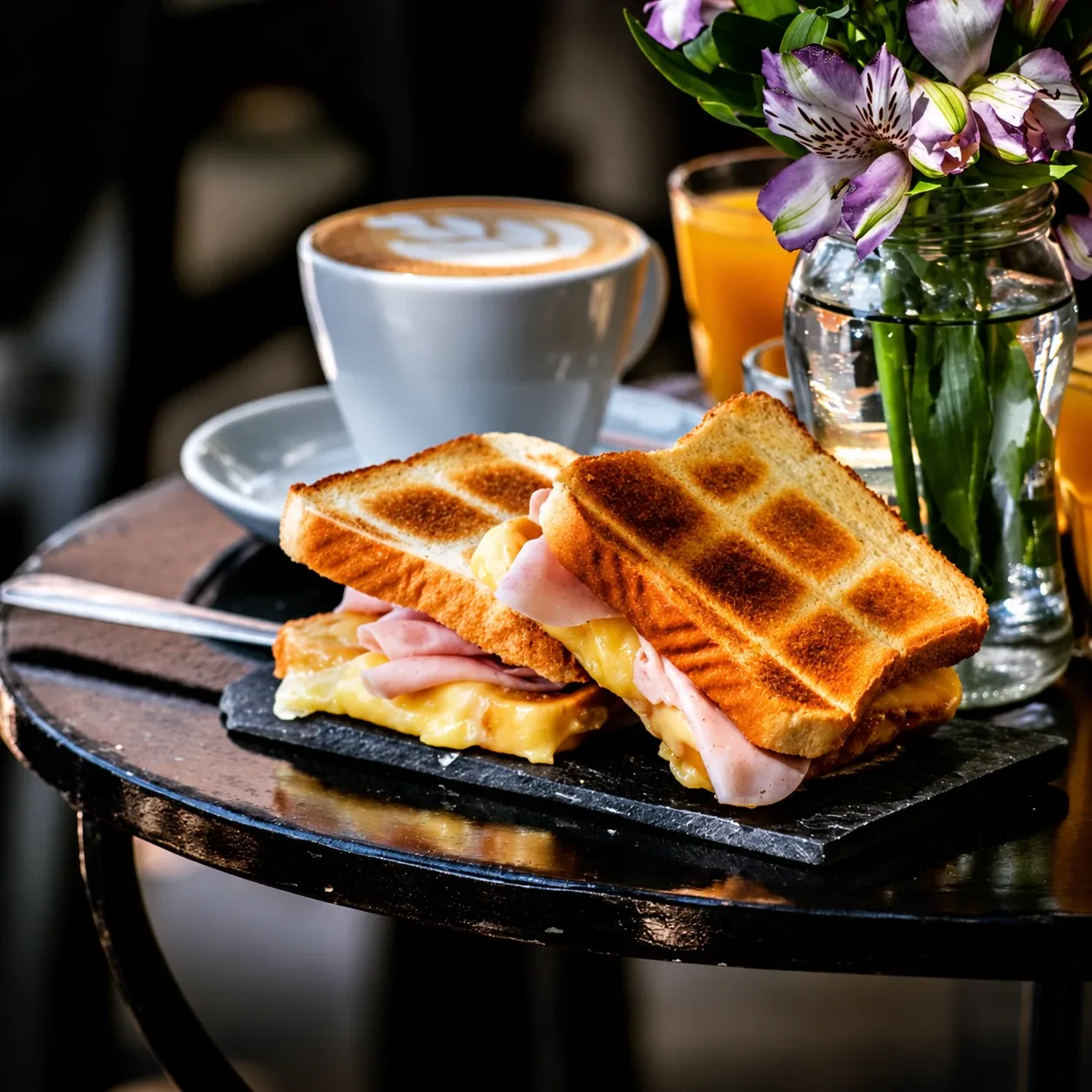 Un tostado de jamón y queso con un café con leche y un jugo de naranja